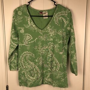 VTG Y2K Forbidden V-Neck T-Shirt Women Large Green Art Floral Fairy Boho Cottage